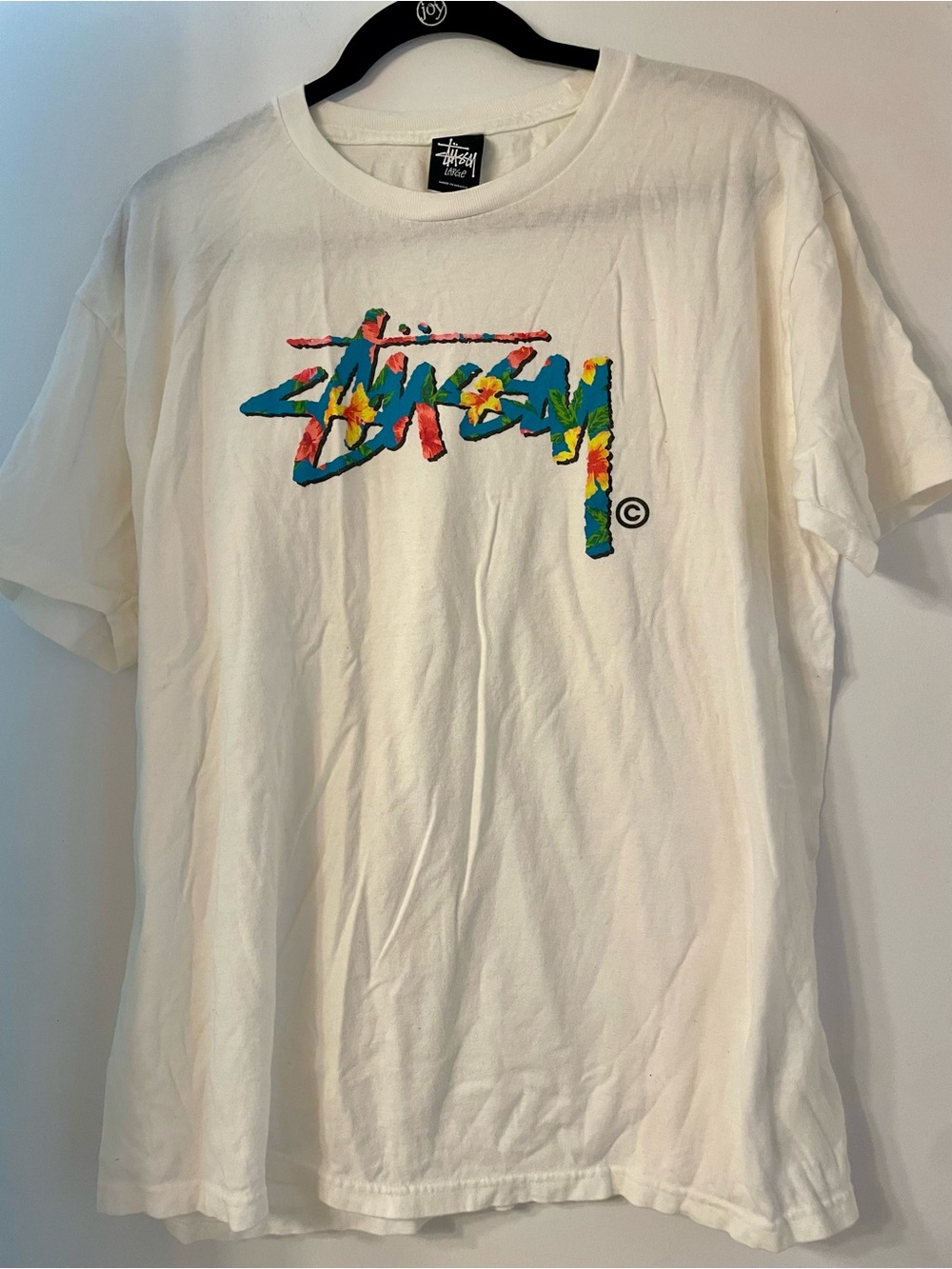 Stussy White Short-Sleeve Tee with Multicolor Script Logo